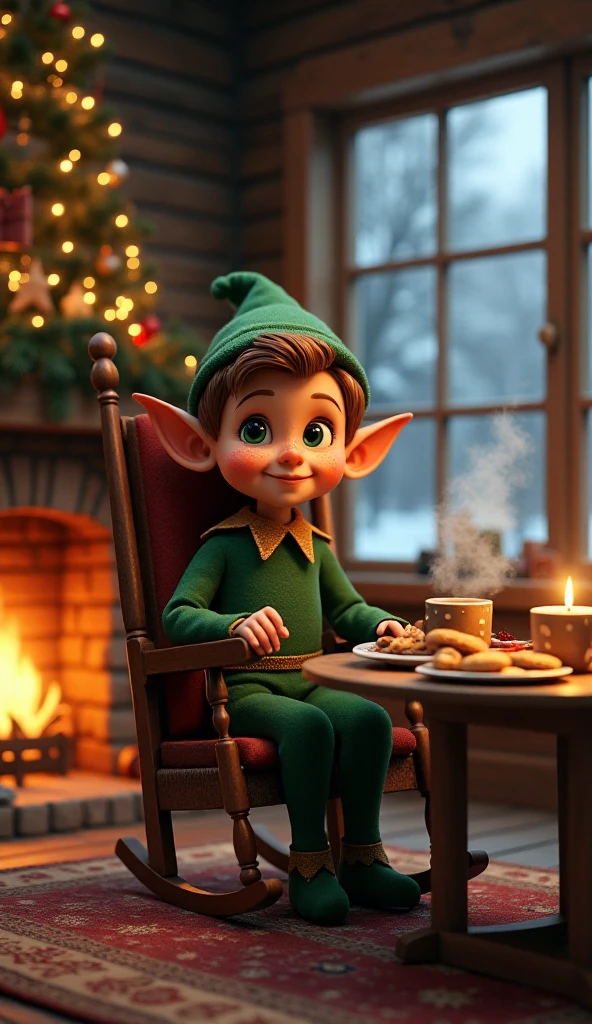  best quality ,   masterpiece  ,  ultra high resolution , (realism: 1.4),   An elf sitting in a rocking chair inside a wooden living room .  There is a large burning fireplace and a large Christmas tree with the lights flickering.  The elf has big green eyes, a small nose and freckles . He wears a green hat .  He is sitting next to a table with a plate of cookies and cake .  In his hand he has a cup of steaming chocolate . There is a large window through which you can see snow .  It's a lovely Christmas atmosphere .