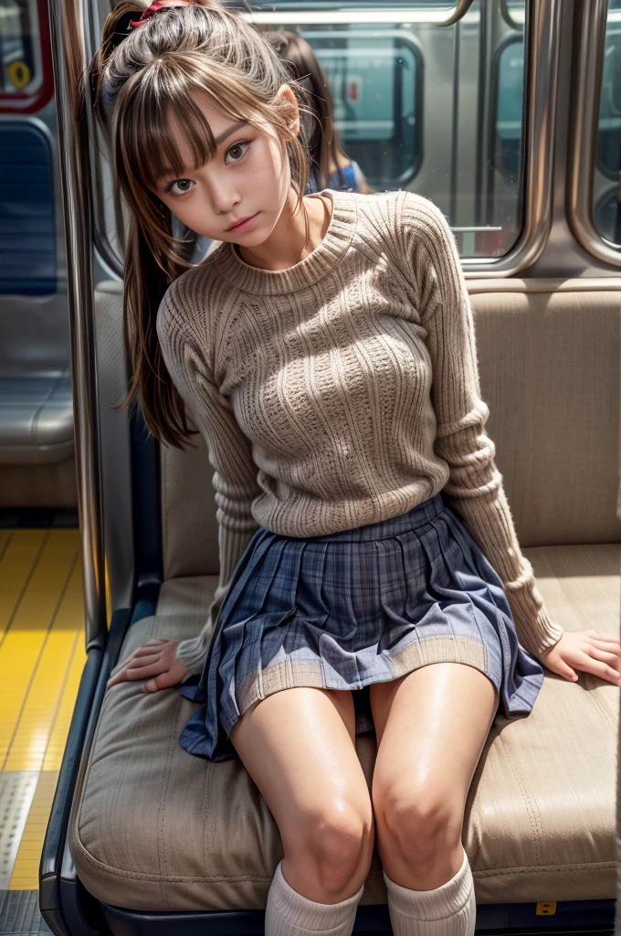 The image is a high-resolution photograph taken inside a subway train. The subject is a young BulanSutena with fair skin and a petite build, sitting on a blue and yellow bench seat. She has straight, dark brown hair styled in a low ponytail with bangs, spread legs. She is dressed in a traditional Japanese schoolgirl uniform, featuring a navy blue ribbed sweater with a white sailor collar and a red ribbon tie, paired with a short, pleated beige skirt. She is wearing white knee-high socks and beige loafers. Her expression is neutral, and she is slightly tilting her head to the side, looking away from the camera. The subway car's interior is clean and modern, with silver metal walls and yellow seats. The floor is a dark gray, and there is a yellow line indicating the edge of the platform. The lighting is bright, likely from the overhead fluorescent lights, which cast a soft glow. The reflection of the woman in the window behind her adds depth to the image. The overall setting suggests a casual, everyday moment in a busy urban environment, ((No panties:1.2)), ((Woman pulling up her skirt)), ((Naked under the skirt)), Visible pussy, ((Pussy shot, showing pussy)), (Uncovered private parts, pussy, tiring:0.7), High details pussy, High quality pussy,