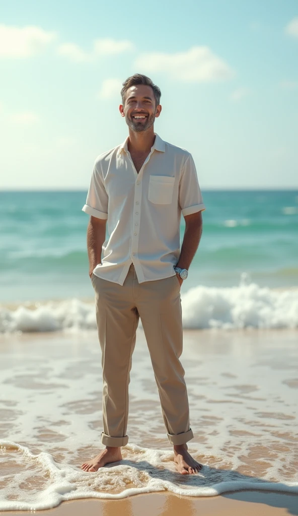 <lora:Fares_Fares_Flexible:0.8> (Fares Fares:1.3) standing on the beach, picture (pov from above:1.3), white (unbuttoned open:1.3) shirt, age:50, short grease hair, slightly smiling, closed mouth, shirtless chest, stomach, navel, feet, natural lighting, 4k uhd, dslr, soft lighting, high quality, Fujifilm XT3