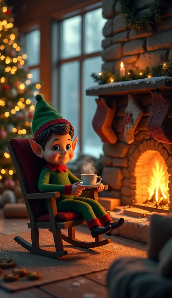  best quality ,   masterpiece  ,  ultra high resolution , (realism: 1.4),   An elf sitting in a rocking chair inside a wooden living room .  There is a large burning fireplace and a large Christmas tree with the lights flickering.  The elf has big green eyes, a small nose and freckles . He wears a green hat .  He is sitting next to a table with a plate of cookies and cake .  In his hand he has a cup of steaming chocolate . There is a large window through which you can see snow .  It's a lovely Christmas atmosphere .