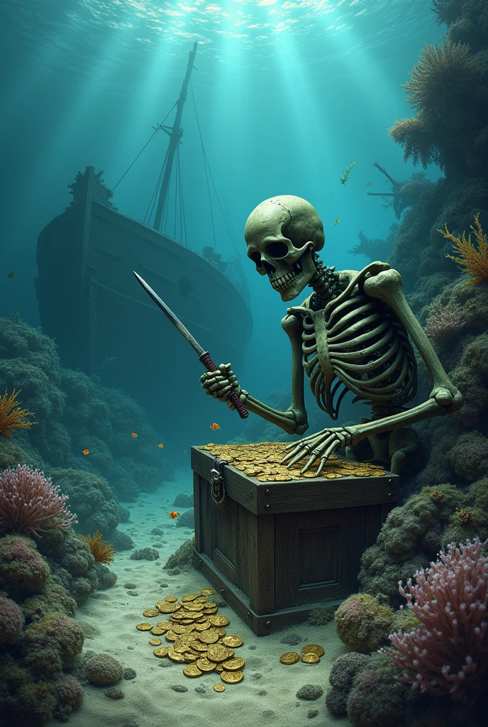 HDR, high resolution, extreme detail, 1submerged skeleton withered since aons. A silent watchman guarding the last chest filled with treasures.,gemstones,gold,chest,fish,plants,moss,underwater,withered,ancient,airbubbles,moody lighting,magic lantern,<lora:mimics-sdxl-prod-e:0.6>, mimic,large teeth,gaping maw,