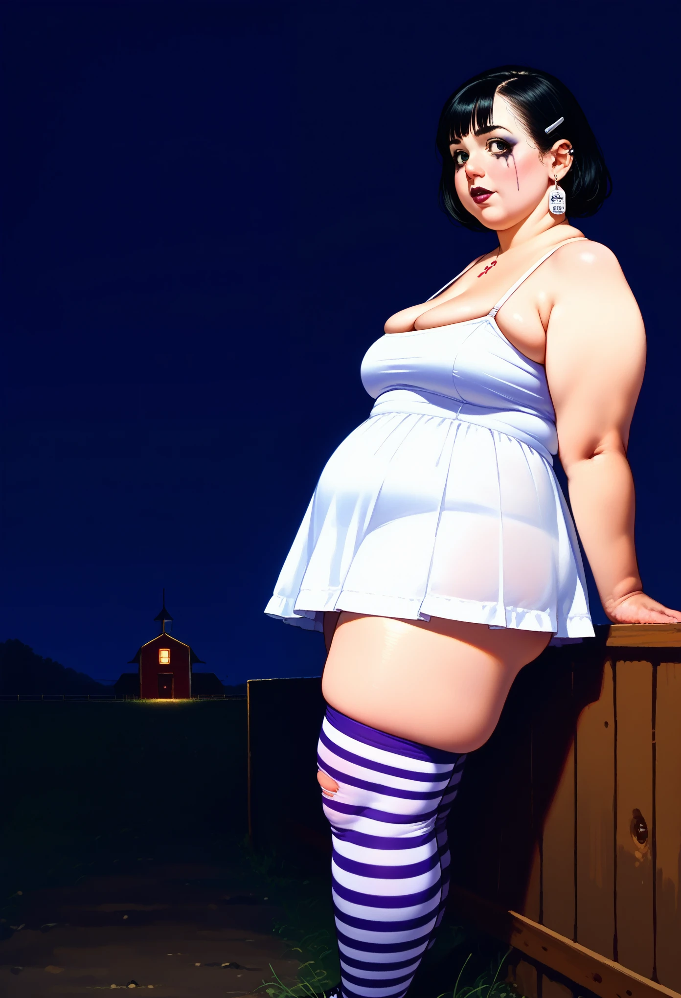 score_9, score_8_up, score_7_up, source_anime,1girl, side view, , , , skindentation , lize1st, , , (chubby and plump:1.1), dark sky, on a farm, volumetric and specular lighting, ((large sagging chest)) ((art by norman rockwell))  
((Safe for work)) ((dynamic angle)) () ((realistic anime)), (rule of thirds), detailed anatomy, (skindentation), chubby, wearing a transparent sundress and striped stockings, , dark goth makeup, black straight hair with bangs, 