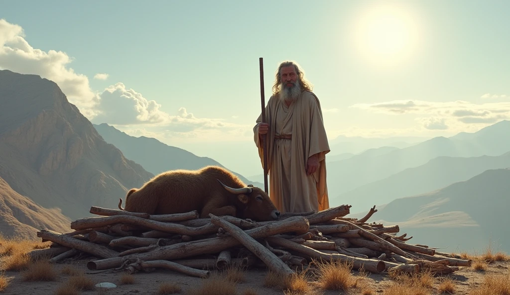 A dead ox on a pile of firewood. Next to it, the prophet Elijah - SeaArt AI