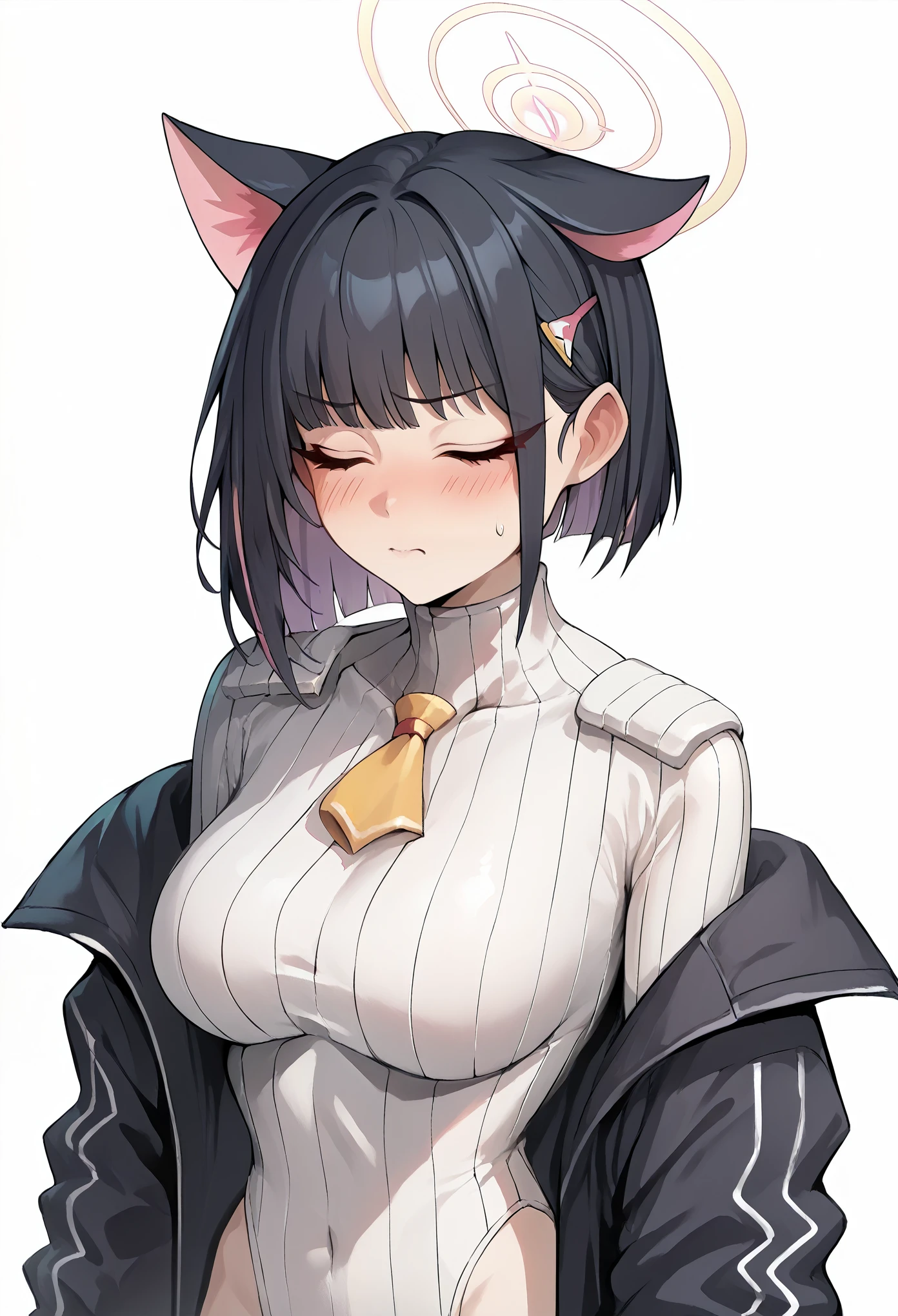 score_9, score_8_up, score_7_up, score_6_up, source_anime, 1 girl, kazusa-default,kazusa \(blue archive\),large breasts,black hair, animal ears,halo,dollsuit,black jacket,taking off jacket,closed eyes,flush,cowboy shot,simple background