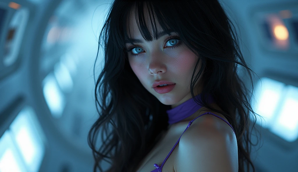 vector image, vibrant colours, smooth gradation, best quality, masterpiece, absurdres, ((isolated)), (dark black background), (detailed face and eyes:1.2), sweet smile, detailed beautiful eyes, eyelashes, wet glossy full lips, sensual, volumetric lights, medium shot, half body shot, busty, full cleavage, deep cleavage, curvaceous, Unimaginably beautiful girl, enchanting, glistening skin, burst out breast, purple violet magenta tinted back lights