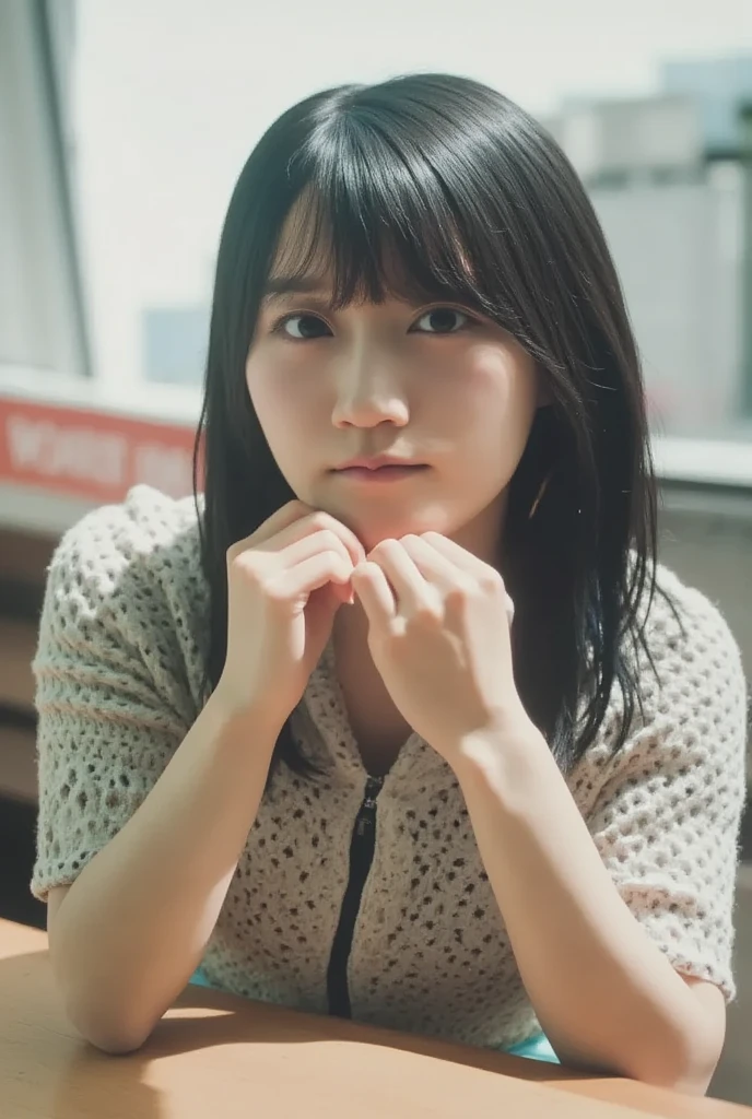 (Girl sitting on a bench in Tokyo:1.2、Midsummer、blue sky)、((See-through mini T-shirt、Tight brown mini skirt:1.3、Wear knee-high socks:1.4、Detailed white panties)、the wind is strong、(Realistic、Like a photograph、Live Action、8k, Realistic, RAW Photos, Best image quality: 1.4), Single-lens reflex camera、RAW Photos, Highest quality, Realistic, Highly detailed CG Unity 8k wallpaper, Written boundary depth, Cinematic Light, Lens flare, Ray Tracing, Realistic background、((Ultra-Dense Skin))、 16-year-old girl、Cute Japanese Girl、(whole body:1.5)、Very detailedな顔,avert your eyes:1.1、I like that style、stylish、Very detailed、Pay attention to the details、Perfect outfit、(Sunburned skin)、Front view、Accurate hands、Accurate legs、Detailed hands and fingers、Anatomically correct body、Thin legs、Thin thighs、Small breasts、whole bodyを写す、
