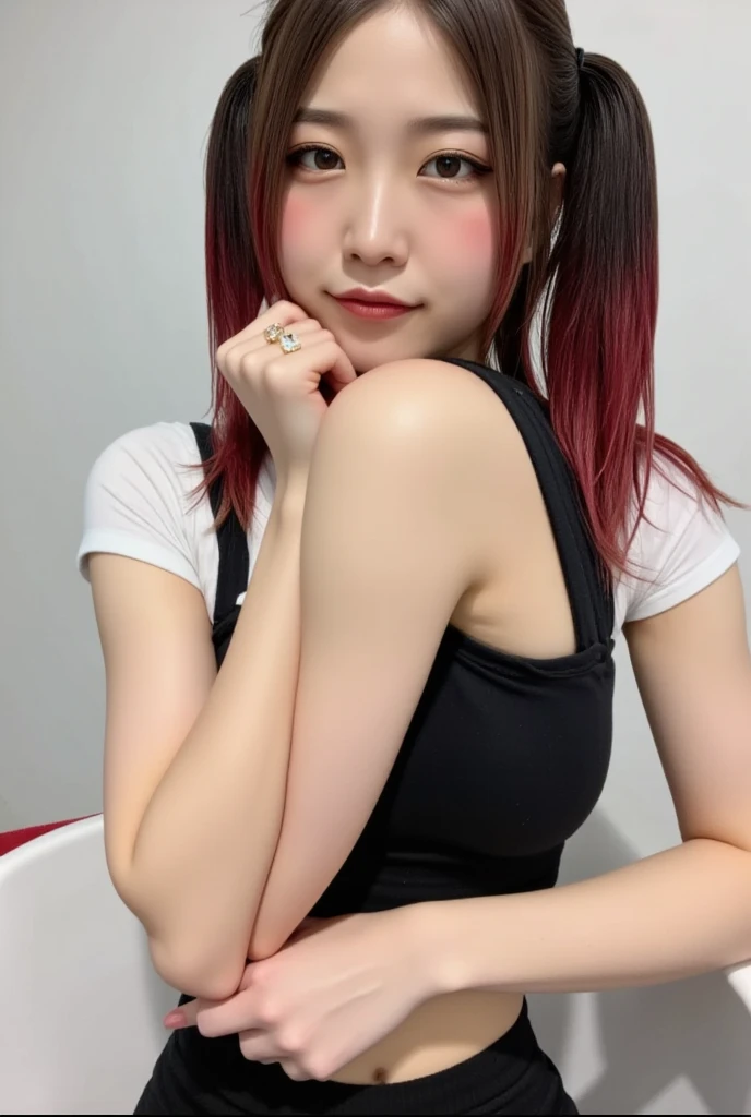 ((Best quality, 8k, masterpiece: 1.3)), zoom: 1.2, Body beauty: 4.4, buttocks: 5.2, ((Black two-tone, red haircut, breasts: 3.2 )), Elegant clothes, Very detailed skin texture and face, Beautiful eyes, Double eyelid, Faded skin, long hair, (shut up: 1.3) A beautiful girl Gial ("Breasts Large") (("bicolor black and red hair" "with pigtails"))((Wearing a t-shirt and leggings)) ((Con carreola) (Realistic photo) (better quality) (With rings) (light brown eyes) (( special attention to two-color hair, black and red))