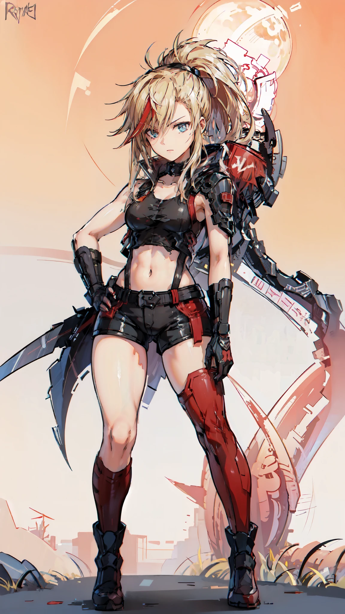 (masterpiece, best quality:1.2), red glowing eyes, red eyes, the eyes are red, perfect face, strong make up, highres, 1 girl, ultra long ponytail, (female:1.5), strife, blonde hair streaked with lots of red highlights, two colors hair (blond and red), hight flame mistress outfit, shoulder armor, sleeveless turtleneck, suspenders, belt, gloves, bracer pre potent smile , relaxed arms , evil smile, evil pose, standing, portrait, looking at viewer,  Her hair is streaked with lots red and blonde highlights, moon tribal tattoo, full body overview, full body view