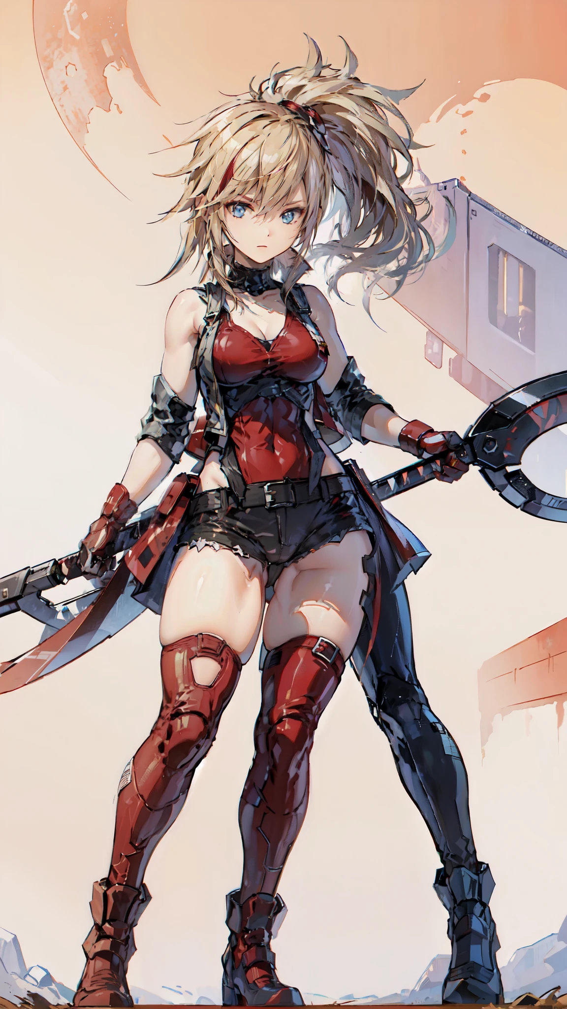 (masterpiece, best quality:1.2), red glowing eyes, red eyes, the eyes are red, perfect face, strong make up, highres, 1 girl, ultra long ponytail, (female:1.5), strife, blonde hair streaked with lots of red highlights, two colors hair (blond and red), hight flame mistress outfit, shoulder armor, sleeveless turtleneck, suspenders, belt, gloves, bracer pre potent smile , relaxed arms , evil smile, evil pose, standing, portrait, looking at viewer,  Her hair is streaked with lots red and blonde highlights, moon tribal tattoo, full body overview, full body view