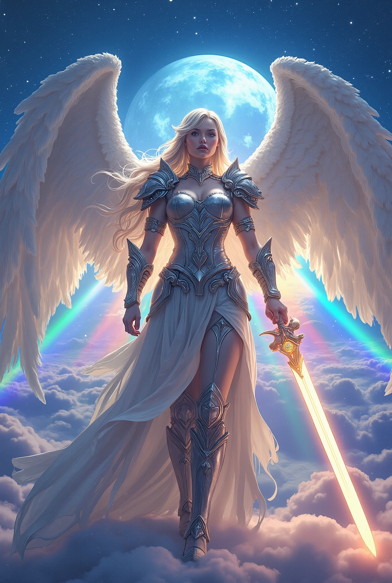 comic art, there is an female angel warrior standing in heaven, there is a (bridge made from rainbow: 1.3) going from heaven to another cloud, it is night time, moon, stars,  highly detailed, photorealistic, best quality, highres,16k, (ultra detailed:1.3), masterpiece, best quality, (extremely detailed), ultra wide shot, photorealistic, RAW, fantasy art, dnd art, fantasy art, realistic art,((best quality)), ((masterpiece)), (detailed: 1.5)