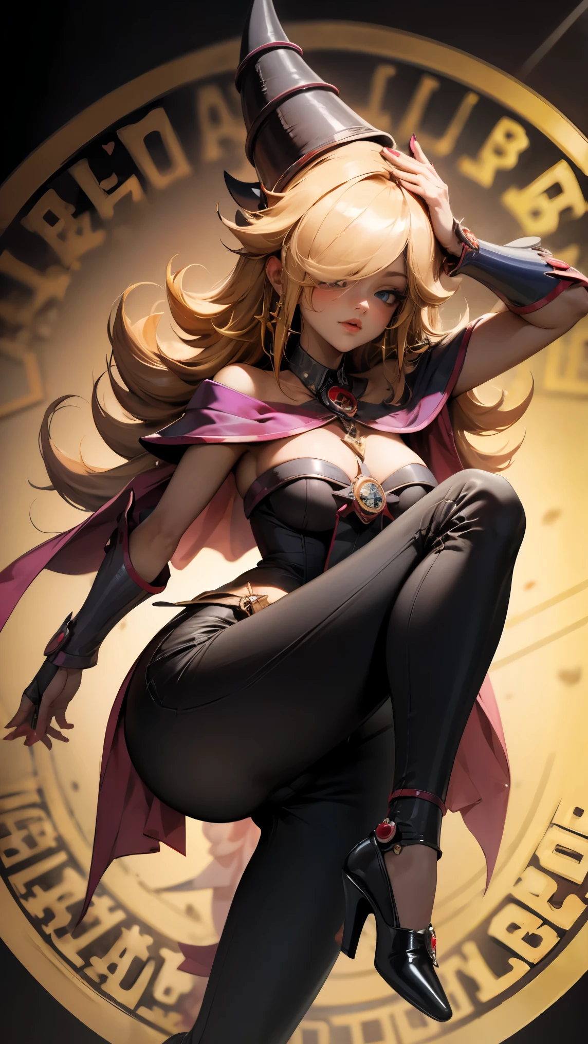 Dark magician gils with black gala dress. She wears red heels, has earrings. Wear necklaces. Long blonde hair. blue eyes. Red lips. Sensual and subjective pose. She is sitting on a golden throne.