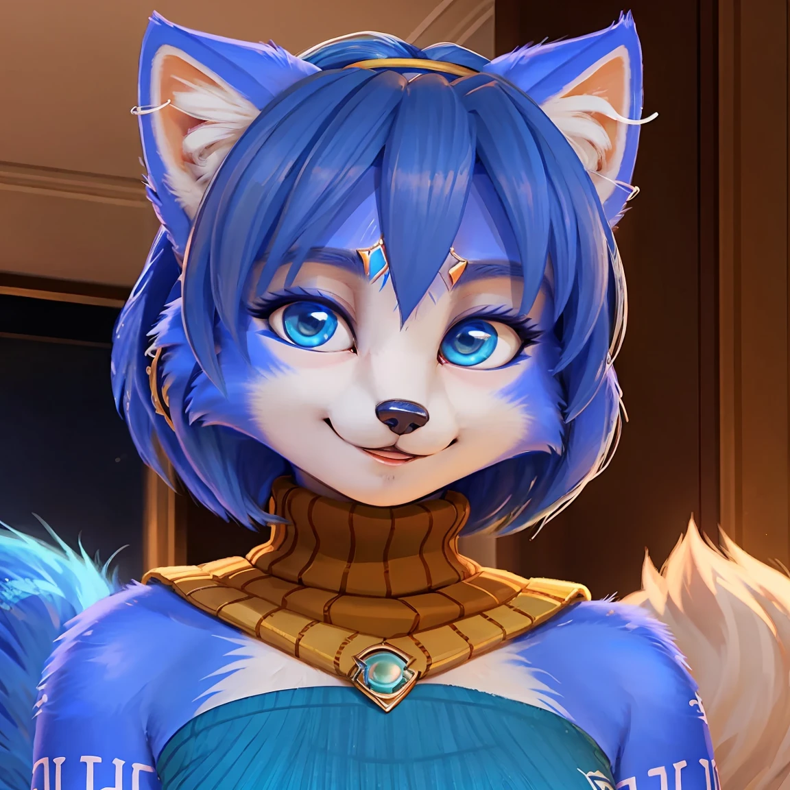 A beautiful and detailed (sweet portrait) wa ((krystal)), Star Fox krystal, sslim, lovable, green eyes, medium breasts, (((Long blue hair 1.3))), Decollete, grin, look up,, anthro, furry, Uploaded E621, detailed fluffy fur, (wa Fluff-Kevlar, Bayard Wu, personalize me, Pino Daeni), detailed face, (fluffy), 1 girl, alone, sweet girl,