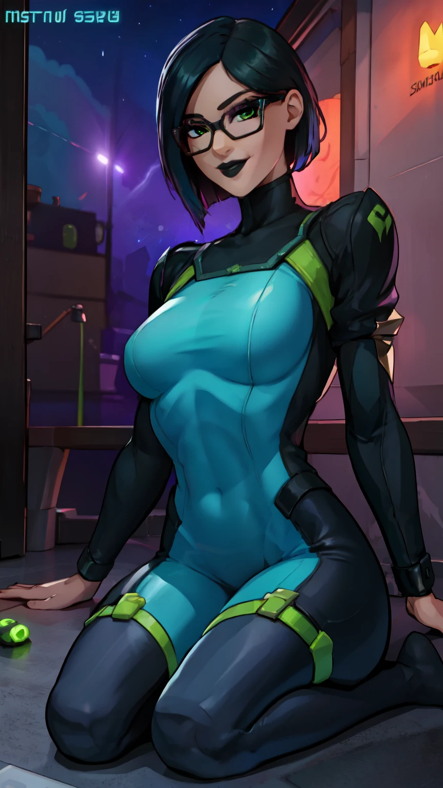 1 girl,black lips,Night, sky with stars , evening, , Night,(masterpiece) Dark sky,(Best Quality) led light, gaming zone,(Alone),Green tight suit,sitting on the floor, full body ,green eyes, short black hair, glasses, looking , smile, high detailed,extremely detailed,glasses