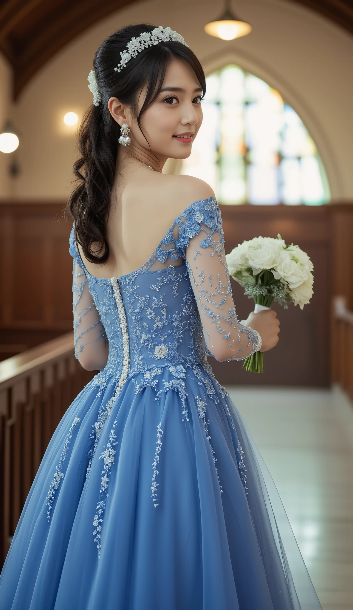 From behind view, full body, standing pose, on church floor, holding white bouquet, Japanese girls 20-age , looking at viewer, Japanese fashion model ,(middle black hair, chin ion, detail face, cute face, beautiful eyes, Small lips, smile, pearl earring , pearl neck less, flower crown), (middle breasts, middle hip, slender body),(((Royal blue Wedding long dress with embroidery, Royal blue lace long see-through glove, White hi-heal:1.3))), (masterpiece, Best Quality, high resolution on down, Realistic, sharp, RAW photos from the last century, wallpaper, perfection, Professional Lighting, very detailed)