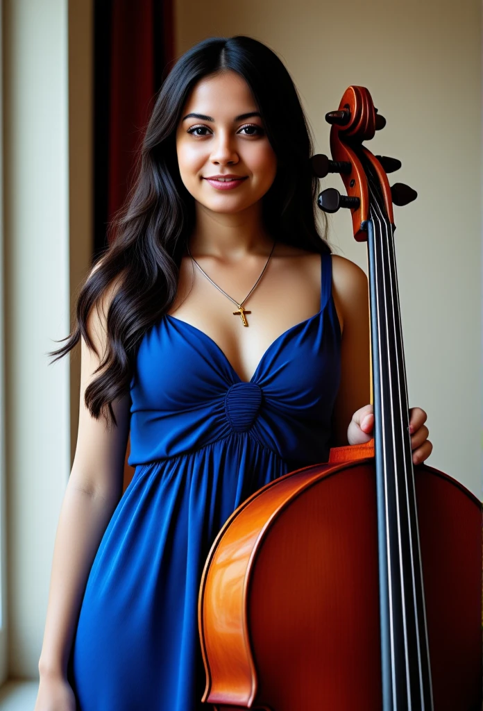 Professional photo of a woman with long, curly black hair, standing indoors near a window, playing a violoncello. She is dressed in a sleeveless blue dress with a gathered neckline, cinched at the waist. She is looking at the camera with a slight smile, wearing a necklace with a cross pendant, and has a calm, composed expression. Soft lighting highlights her features. The background shows part of the interior wall and window frame. Detailed, vibrant colors, high detail, ultra-realistic, full body --ar 4:5 --s 750 --v 6 --style raw
