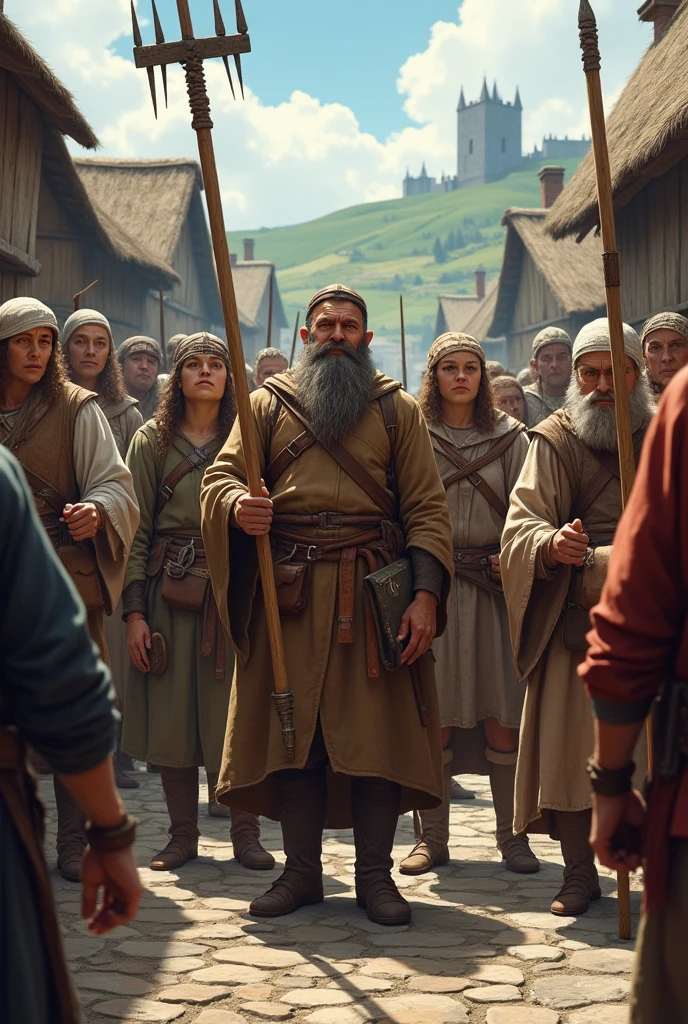 Design an image showing the revered sage Seraphina arriving at the village, capturing the anticipation and excitement of the villagers as they gather to listen to her wisdom.