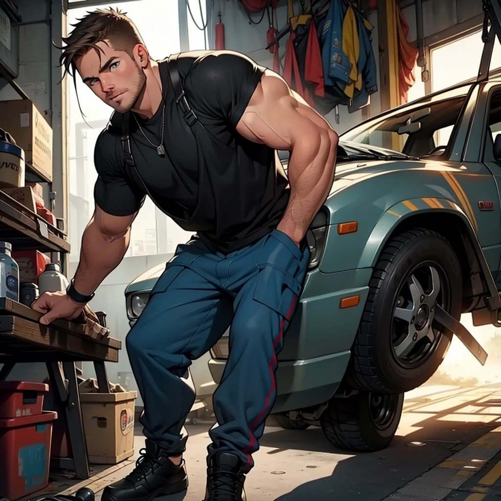 masterpiece, best quality, face, natural eyes, 1man, young man, boy, muscled and mature, stephen amell as a car mechanic wearing unbuttonnedoverall, mechanic, sweating, tight cloth,, full body , background opened hood car , pit , tools , tyres .....