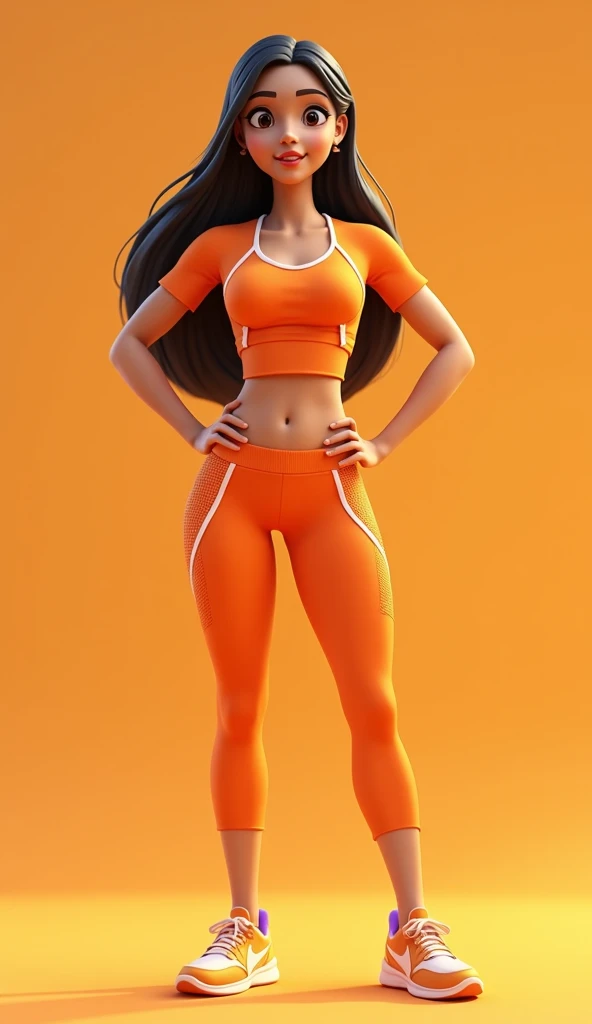 Smg4 meggy spletzer, wearing a plain orange racerback tank top, shorts, tennis shoes, shoulders shrugged up, holding her elbows behind her back tightly, tadasana pashchima baddha hastasana pose, arms straight down, she is calm, eyes closed, standing straight