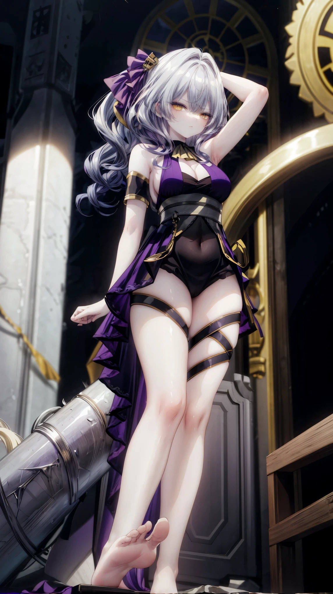 One girl with messy hair, bangs, yellow eyes, looking at viewer, solo, (glaring:1.25), (black background, castle:1.5), (purple long dress:1.5), thicc, sexy waist, elegant dress, tight, bare hands, long hair, large breasts, cleavage, thigh, Sitting in a chair, (crossed-legged:1.2), bare shoulders, bare legs, mid-chest, medium breasts, focus, blurry background, mature female, feet, bare feet, (from below:1.25), navel, side hair ribbon, armpits, hands up 