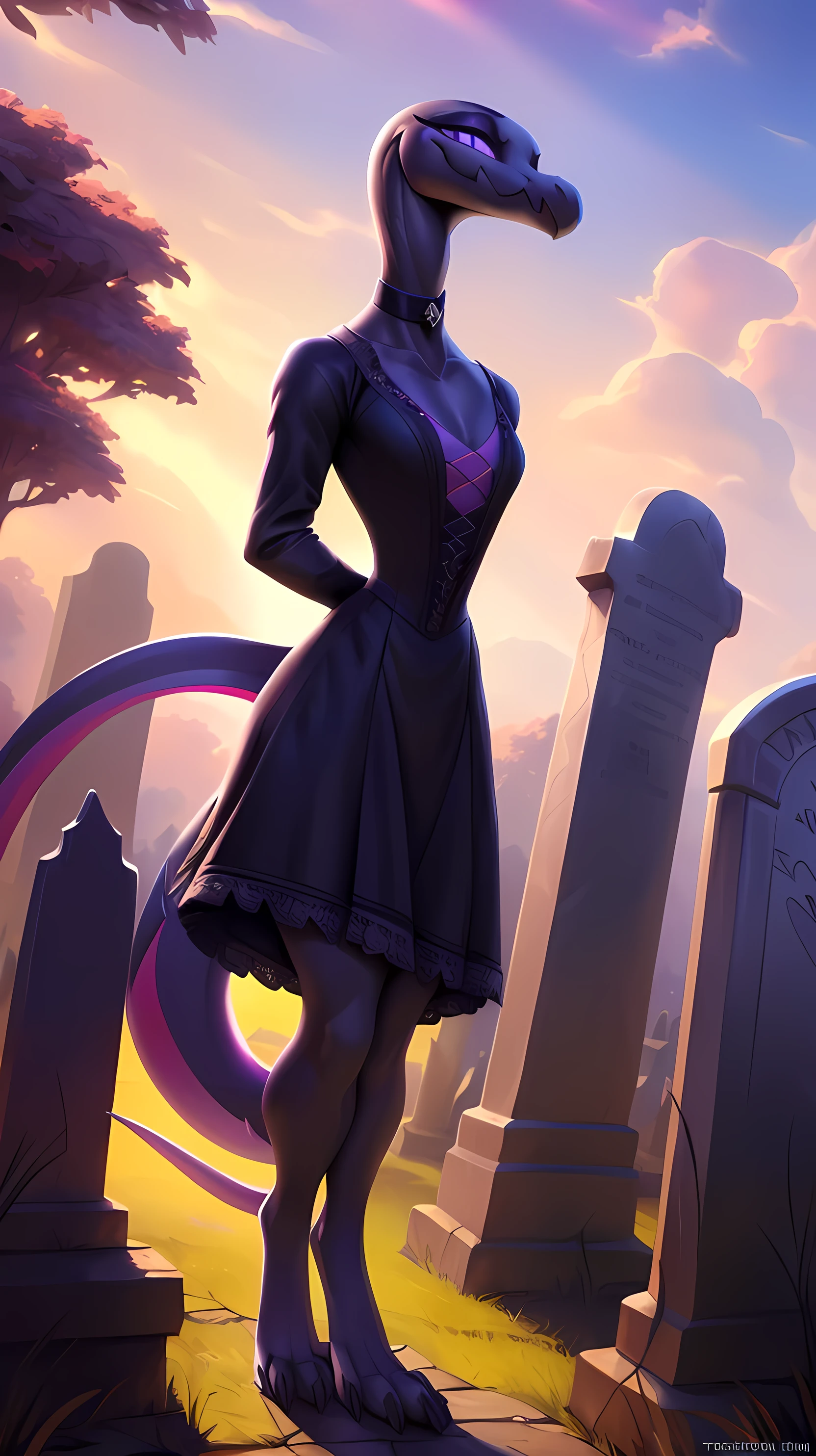 uploaded on e621, ((Salazzle)) by Pixelsketcher, by Bayard Wu, by Thomas Benjamin Kennington , by Einshelm, anthro, ((full body focus)), BREAK, ((dress:1.2)),wearing black victorian dress, long flowing dress, long sleeve victorian dress, dress flowing down past knees, black choker, (detailed Bonifasko lighting), (detailed scales), (detailed skin), (female Salazzle), BREAK, ((facing viewer)), (cinematic lighting), ((detailed background)), ((full body portrait view)), (((portrait view))), (half body shadow), [backlighting], [crepuscular ray], [detailed ambient light], [gray natural lighting], [ambient light on the belly], (higher wildlife feral detail), [sharp focus], (shaded), ((masterpiece), natural breasts, medium breasts, furry Salazzle, reptilian face, furry Fantasy Art, furry Art, Commission for High Res, anthro Art, POV furry Art,Sakimichan beautiful, masterpiece, best quality, detailed image, bright colors, detailed face, perfect lighting, perfect shadows, perfect eyes, girl focus, purple eyes, flawless face, reptilian girl, scales, scaled woman, colorful scales, gaze at the viewer, half-closed eyes, 1girl, full body, (masterpiece:1.21), (best quality:1.2), (illustration:1.2), (cinematic lighting:1.3), detailed scales, balanced coloring, global illumination, ray tracing, good lighting, scales, anthro, looking at viewer, short neck, (full body shot of woman in graveyard), submissive, outside, graveyard, (woman standing outside, woman standing in graveyard, woman next to tombstones), hand on tombstone, claws, (intricate details:1.12), (intricate details, hyperdetailed:1.15), hdr, outside, (daytime:1.2), warm light, dramatic light, cinematic, (full body:1.2), slight smile, blushing, ((black victorian dress, standing up, posing seductively, slight smile, full victorian dress, dress covering whole body))