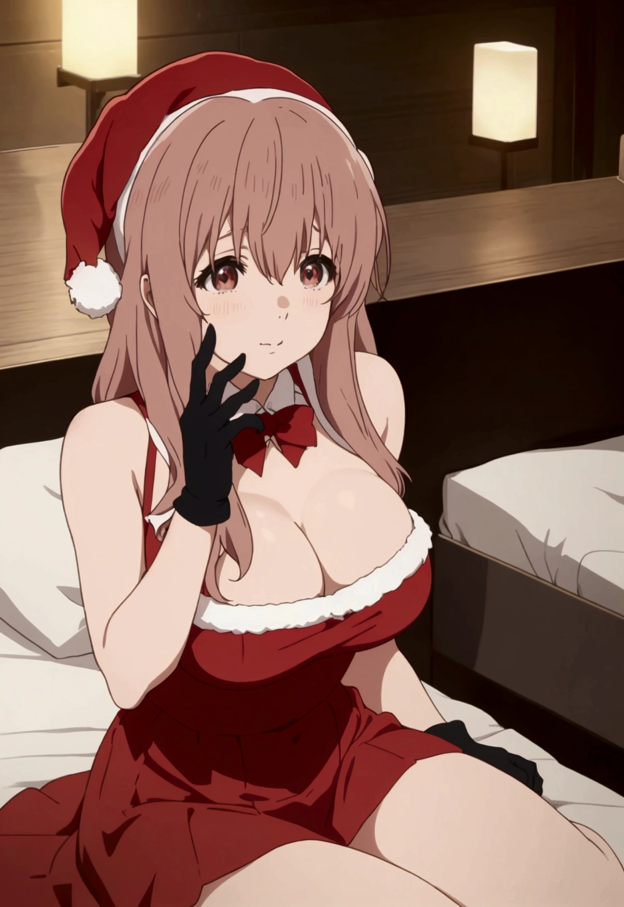 The character Nishimiya Shouko from Koe no Katachi anime is sitting cross-legged on a bed next to the night light, her legs reflect her sexiness. She is wearing a mini skirt, a red New Year's dress that hides a certain part of her breasts. She is wearing short New Year's gloves on her hands with open shoulders. She has a Christmas hat on her head. Her legs are thick. and her long breasts, her big New Year's dress is a little small for her, her facial expression is embarrassed, she is looking forward with a flushed face, her head is slightly bowed, her hair is behind her shoulders, it does not hide her big breasts.
