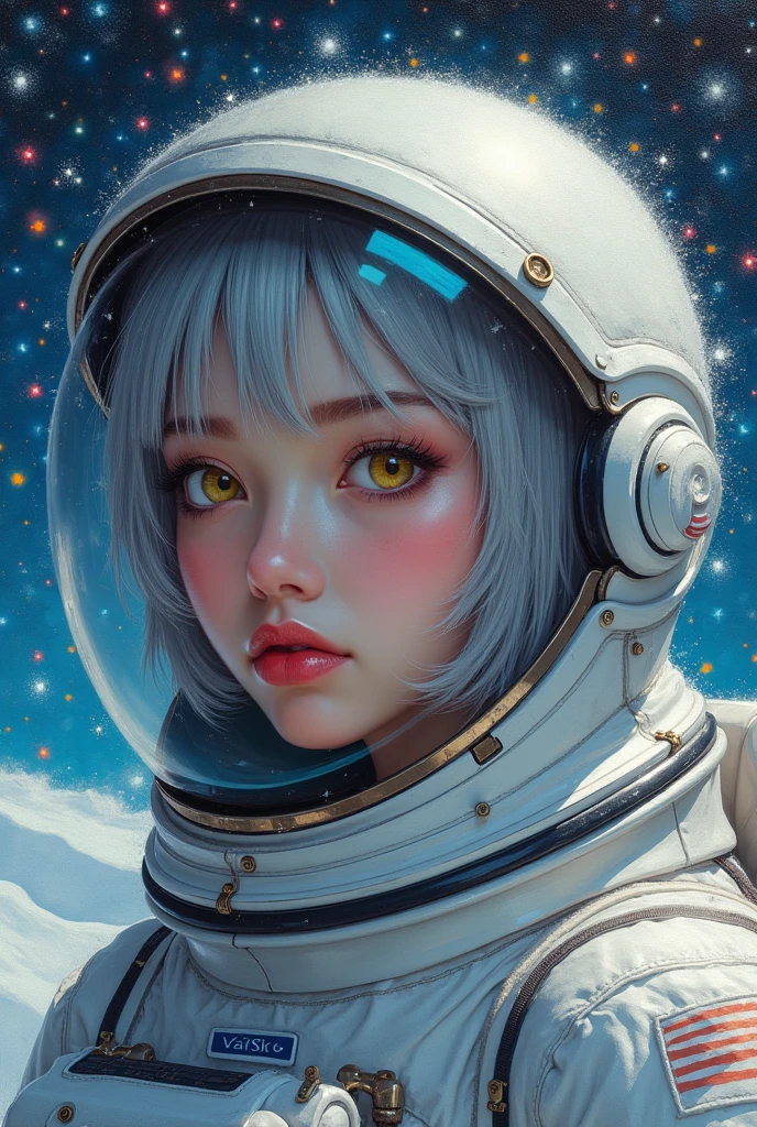 masterpiece, best quality, close-up, space, astronaut, silver hair, yellow eyes, messy hair, space helmet,colorful stars, radiant light, heterochromia, big lips, blue eyes