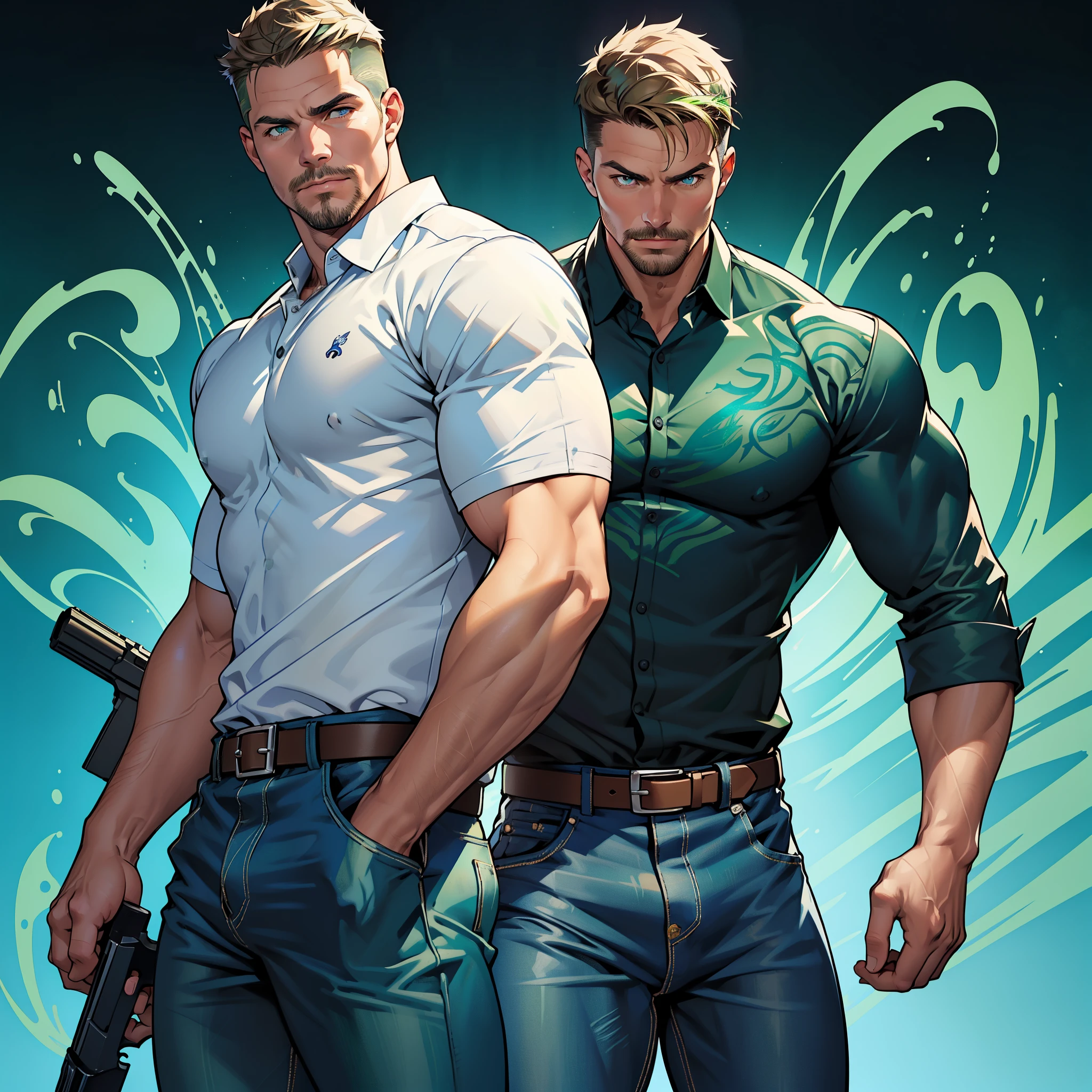32k, high quality , detailed face , detailed hands , detailed muscles detailed motorcycle , 40 years old (((stephen amell))) standing near his (((motorcycle))), posing in a street ,(((shirtless))) standing with spread legs, showing his muscles, shirtless wearing a very very low dark green pants with brown belt, background brick wall with men health posters