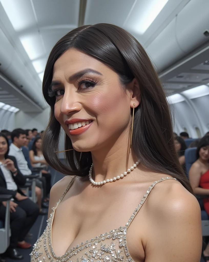 Ultra-realistic quality, 4K quality, ((( full body photograph  ,    faint lighting   ,       sharp focus,    detailed face of Jacqueline   ))),   Extremely detailed face by Judith 4, (((( Beautiful woman in elegant haute couture mini dress ))),   )), brown eyes,    seductive,      smooth and shiny black hair   , make-up,    red lips)),    Side view   ,    background inside an airplane   , standing, many passengers, Cinematic wheat,  dim lighting .
