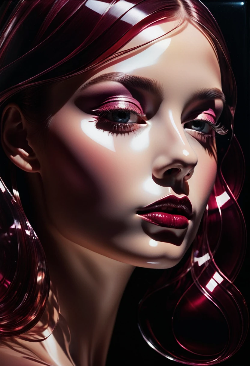 A semi-transparent,  face made of transparent plastic on a blak background, with a burgundy color scheme, surrealist style, translucent elements, abstract style, light refraction, depth effect, soft shadows, and delicate highlights, in the style of an oil painting. The overall composition is simple yet elegant, with a strong visual impact. It captures the girl's profile and facial features through contour lines. --v 6.1