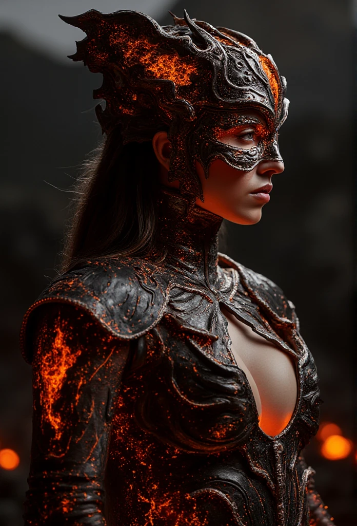 Award Winning Color Photo Quality, NSFW, half nude, half naked, professional photograph of a beautiful (War Goddess:1.4) by Yoshitaka Amano, Yoji Shinkawa, Amy Judd and Edward Weston, (Battle Weapon Armor elements:1.4), volcanic night palette, armored magma theme, full body, fantasy outdoors, glowing lava flows, magical energies sparking in fiery red and orange hues, bold lines, hyper-detailed, dramatic lighting, (intricate details, masterpiece, best quality:1.4). She wears obsidian-black armor with glowing veins of magma running through it, her helmet adorned with sharp, jagged volcanic rocks. Her intricate metal eye mask has fiery patterns etched into its surface, (intricate details, masterpiece, best quality:1.4), medium breasts, erect nipples, nudity, 1girl, see-through nude, sensual, vulnerable, (intricate detailed metal eye mask), (((very big saggy tits))), (((large breasts))), (((nude))), (((naked))), tits, very big saggy tits