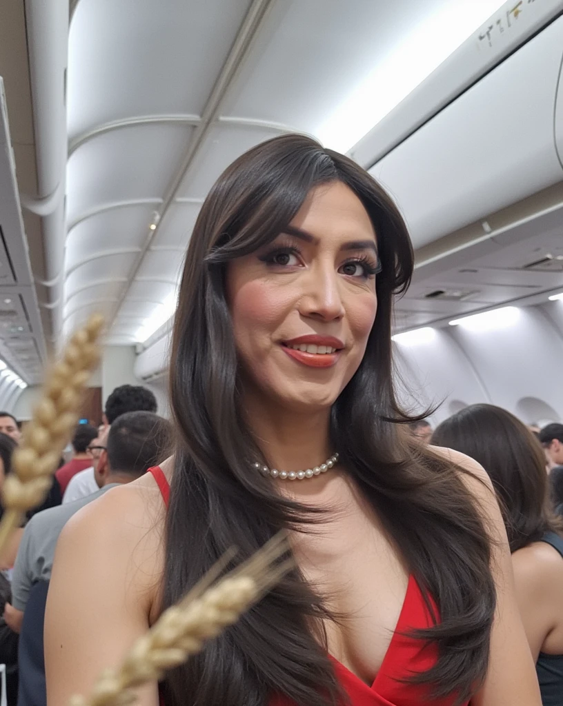 Ultra-realistic quality, 4K quality, ((( full body photograph))),   ((( faint lighting   ,       sharp focus,    detailed face of Jacqueline   ))),   Extremely detailed face by Judith 4, (((( Beautiful woman in elegant haute couture mini dress ))),   )), brown eyes,    seductive,      smooth and shiny black hair   , make-up,    red lips)),    Side view   ,    background inside an airplane   , standing, many passengers, Cinematic wheat,  dim lighting .
