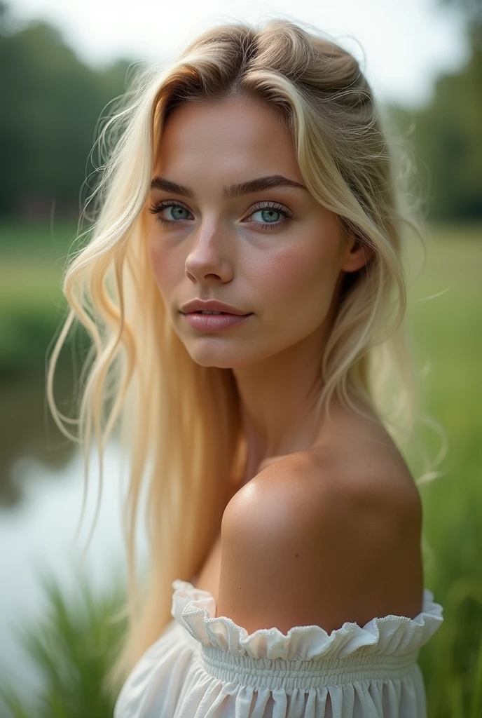 (4K), (Highest quality), (Best details), (Realistic)、The Great Dust Bowl、Endless cornfields of the Great Plains、Abandoned hut、Beautiful American girl、Looking sadly at this、Sweat、Silver Hair、Blue Eyes、Completely naked、Sexy、I can see the pussy、Frugal makeup、Sunset