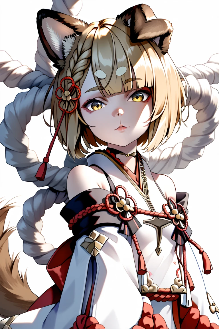 Masterpiece, anime style, 1girl, solo, vajradef, blonde, yellow eyes, dog tail, dog ears, small breasts, hair ornament, japanese clothes, bare shoulders, detached sleeves, wide sleeves, ropes, portrait, looking at viewer, innexpressive, white background, simple background, score_9, score_8_up, score_7_up, unaestheticXL_bp5, badhandv4