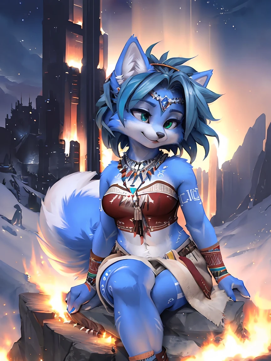  A beautiful and detailed (cute picture) wa ((krystal)), Star Fox-Kristall, sslim, lovable, green eyes,  medium breasts , ((( long blue hair 1 .3))),  (( tips for black hair)), Decollete, Grin, Look up,, anthro, Fuzzy, Uploaded E621, detailed Fluffy fur, (wa Fluff-Kevlar, Bayard Wu, personalize me, Pino Daeni),  detailed face , (Fluffy),  1 girl, Alone, (((Tribal clothing:1.3))), (( leather breastplate )),  cute girl , Alone,
