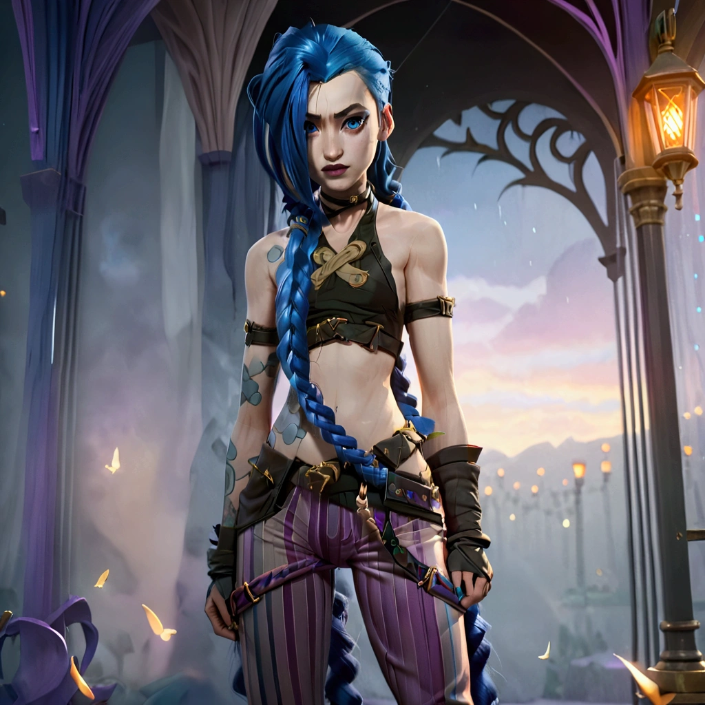 Picture in 3D.  girl  (JINX Arcane ),  strap with blue hair braided in a long braid , with blue eyes. There are tattoos on the body, dressed in striped ,  lilac pants with a strap,  and a short black top with white laces in the middle.