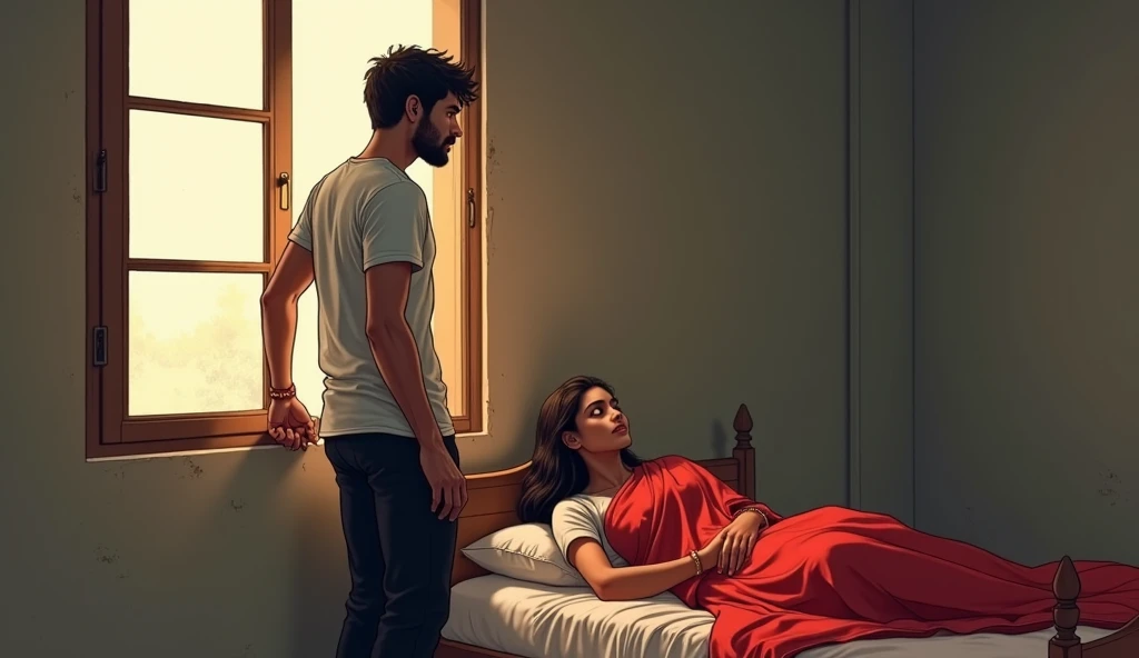 The girl is wearing a burqa and the boy is without clothes and is fucking the girl in bed full body 