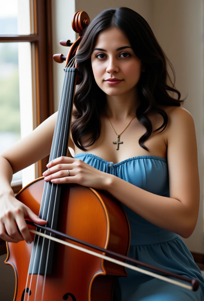 Professional photo of a woman with long, curly black hair, standing indoors near a window, playing a violoncello. She is dressed in a sleeveless blue dress with a gathered neckline, cinched at the waist. She is looking at the camera with a slight smile, wearing a necklace with a cross pendant, and has a calm, composed expression. Soft lighting highlights her features. The background shows part of the interior wall and window frame. Detailed, vibrant colors, high detail, ultra-realistic, full bodY, Long Shot --ar 4:5 --s 750 --v 6 --style raw
