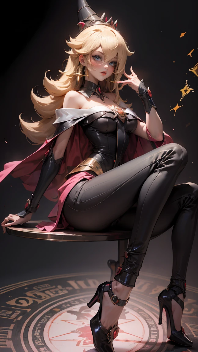 Dark magician gils with black gala dress. She wears red heels, has earrings. Wear necklaces. Long blonde hair. blue eyes. Red lips. Sensual and subjective pose. She is sitting on a golden throne.