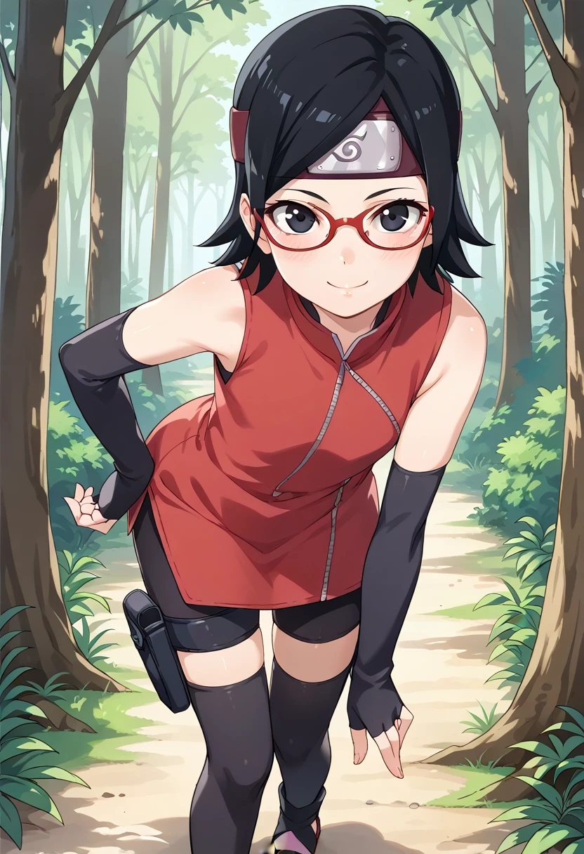 (score_9, score_8_up), score_7_up, zPDXL, Sarada Uchiha, solo, 1girl, black hair, short hair, red-framed eyewear, glasses, black eyes, red dress, sleeveless, elbow gloves, black gloves, fingerless gloves, bike shorts, black thighhighs, thigh holster, toeless sandals, smile, looking at viewer, blushing, forehead protector, konohagakure symbol, sunny, forest, debout, 