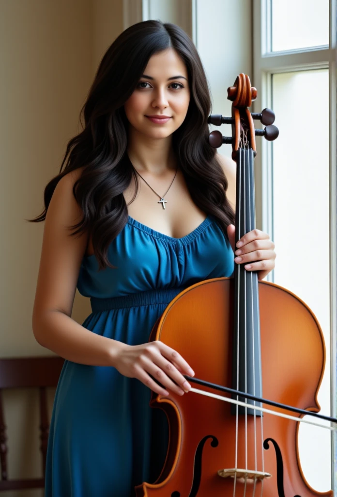 Professional photo of a woman with long, curly black hair, standing indoors near a window, playing a violoncello. She is dressed in a sleeveless blue dress with a gathered neckline, cinched at the waist. She is looking at the camera with a slight smile, wearing a necklace with a cross pendant, and has a calm, composed expression. Soft lighting highlights her features. The background shows part of the interior wall and window frame. Detailed, vibrant colors, high detail, ultra-realistic, Long Shot --ar 4:5 --s 750 --v 6 --style raw
