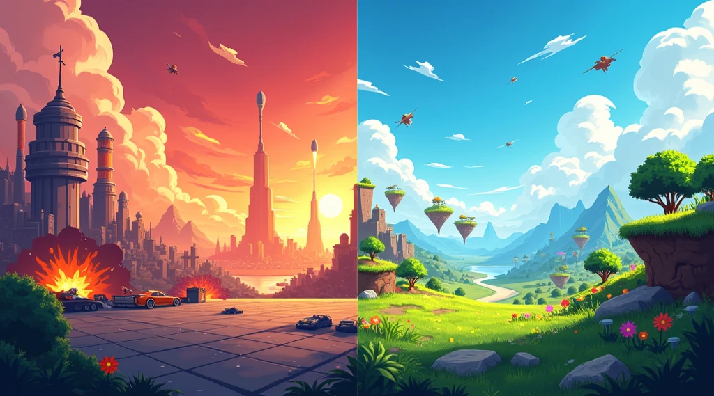 A two-part 2D vibrant background inspired by the Minecraft and Sonic art styles. The left side features a chaotic urban battlefield scene with a flat platform-like ground for characters to stand on, surrounded by explosions, rockets, and a fiery sky. The right side contrasts with a peaceful, colorful natural landscape with floating platforms, green grass, flowers, and hills, all with a bright, clear sky. Both sides include bold outlines, vibrant colors, and seamless integration between the ground and the background, ensuring it is suitable for placing characters in the foreground. No text or characters present, just the dynamic background and ground.