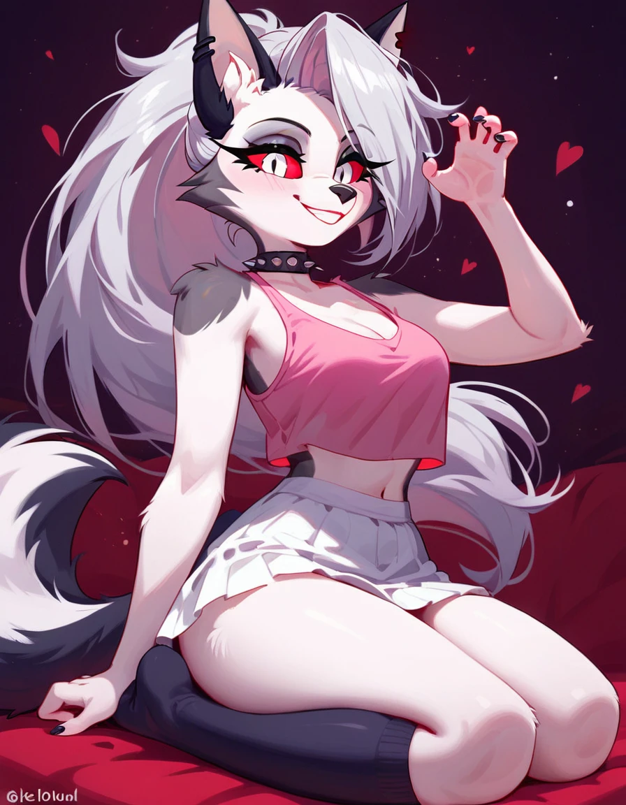 Score_9,Score_8_high,Score_7_high, Those_cartoon, Those_Fuzzy, Loona von Helluva Boss, hellhound,  long white hair ,  ponytail, pink hair tie, White eyes, Rote Sklera,  wears a pink tank top, white skirt, pink thigh high socks, Smiling, cute pose