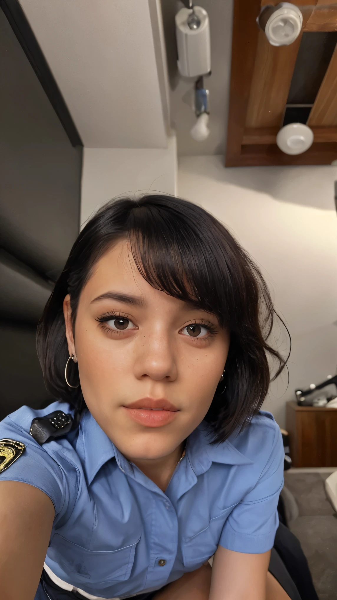 jortega, Score_9, Score_8_up, Score_7_up, Score_6_up, Score_5_up, Score_4_up, Source_anime, Tag1, Tag2, Quality_masterpiece, Anatomically correct, Beautiful face, Perfect face, Highly detailed beautiful face and eyes, Attractive face, Detailed face, Delicate facial features, Detailed skin, Huge breasts, Sensual woman, Mature female, Milf, Motherly, Elegant, Glamor, Bitch, Slut, Whore, Voluptuous, Seductive, Glamor, Love handle, Curvy, Plump, Embarrassed, shy, seductive BREAK high-angle view, fully clothed, Leaning forward, Panties down, Policewoman, Policehat, mini skirt