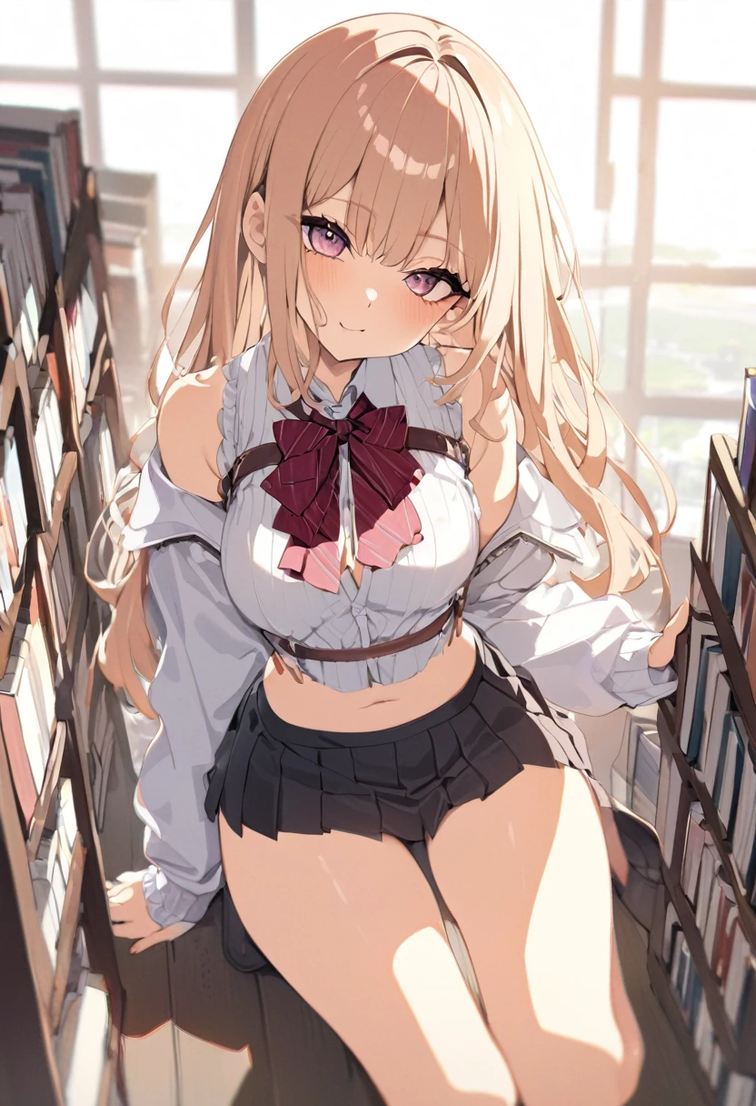 (8K、Top image quality、top-quality、masterpiece)、A detailed face、1 girl in、Blonde longhair、blunt bangs、Golden eyes、piercings、((Brown skin))、((skin tanned))、nefarious smirk、very Bigger breasts、serafuku、((light brown cardigan))、a miniskirt、white socks、loafers、squatting、open legs、((black panties))、Taken from below、((Classroom Background))
