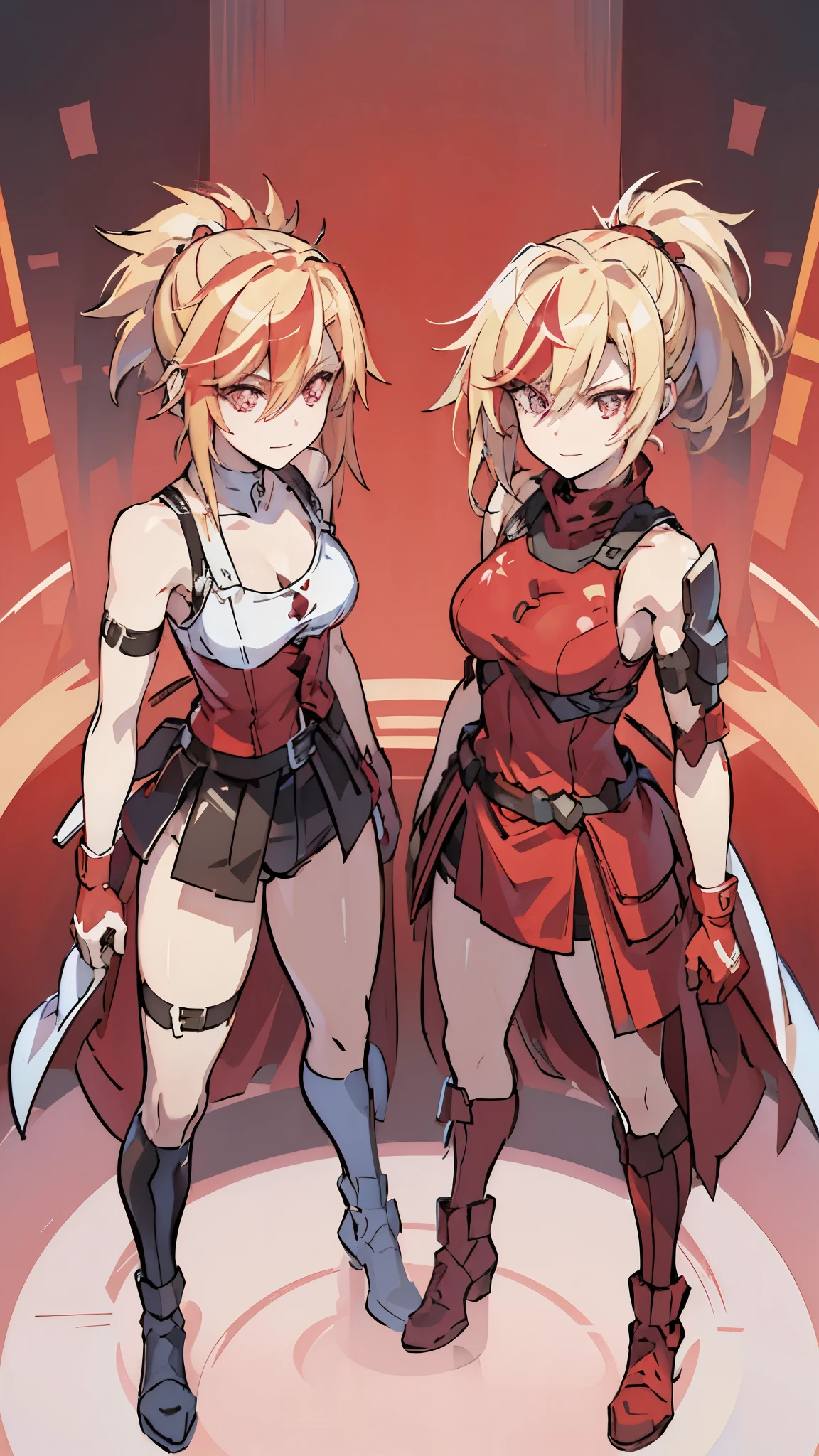 (masterpiece, best quality:1.2), red glowing eyes, red eyes, the eyes are red, perfect face, strong make up, highres, 1 girl, ultra long ponytail, (female:1.5), strife, blonde hair streaked with lots of red highlights, two colors hair (blond and red), hight flame mistress outfit, shoulder armor, sleeveless turtleneck, suspenders, belt, gloves, bracer pre potent smile , relaxed arms , evil smile, evil pose, standing, portrait, looking at viewer,  Her hair is streaked with lots red and blonde highlights, moon tribal tattoo, full body overview, full body view