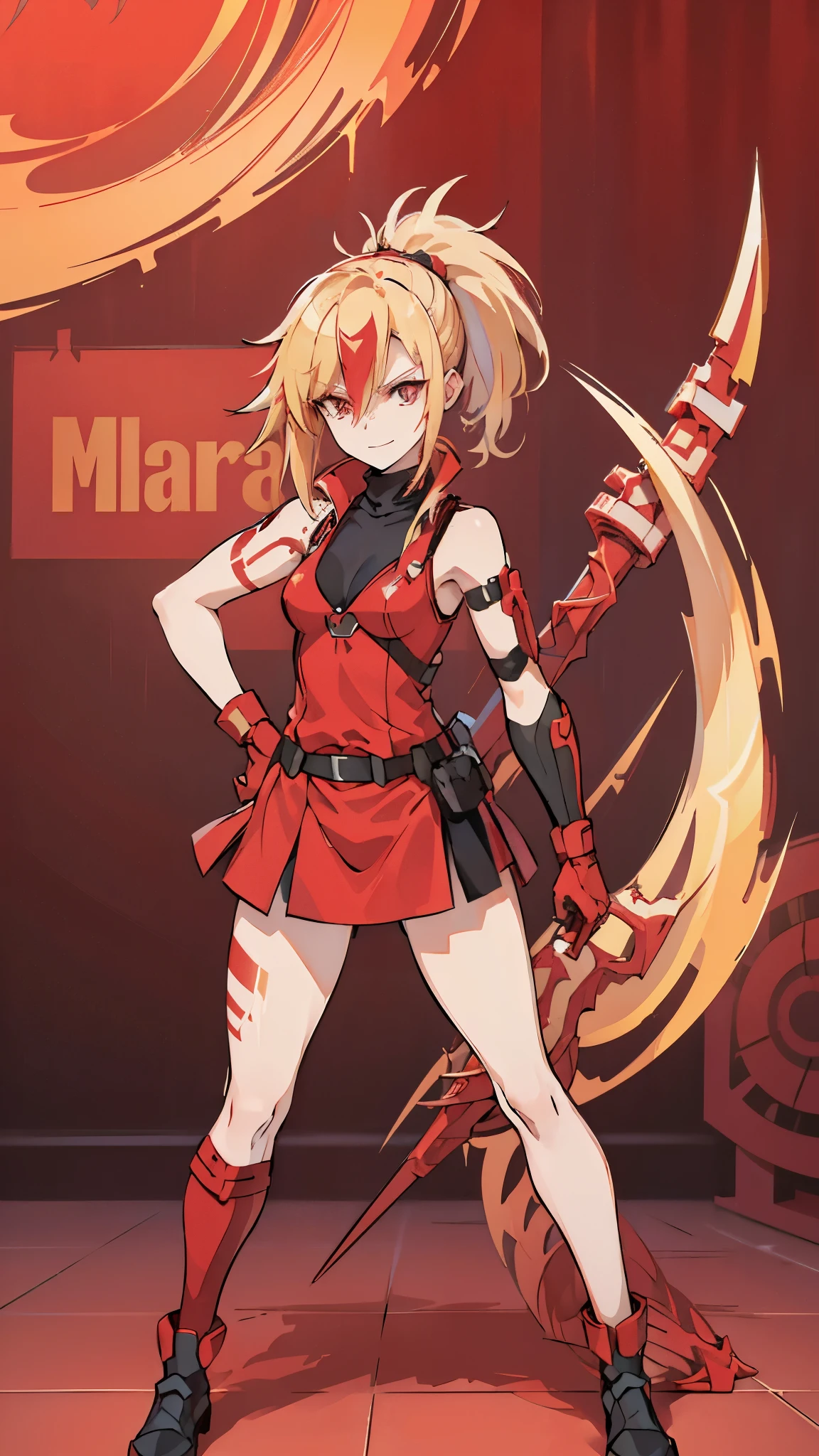 (masterpiece, best quality:1.2), red glowing eyes, red eyes, the eyes are red, perfect face, strong make up, highres, 1 girl, ultra long ponytail, (female:1.5), strife, blonde hair streaked with lots of red highlights, two colors hair (blond and red), hight flame mistress outfit, shoulder armor, sleeveless turtleneck, suspenders, belt, gloves, bracer pre potent smile , relaxed arms , evil smile, evil pose, standing, portrait, looking at viewer,  Her hair is streaked with lots red and blonde highlights, moon tribal tattoo, full body overview, full body view