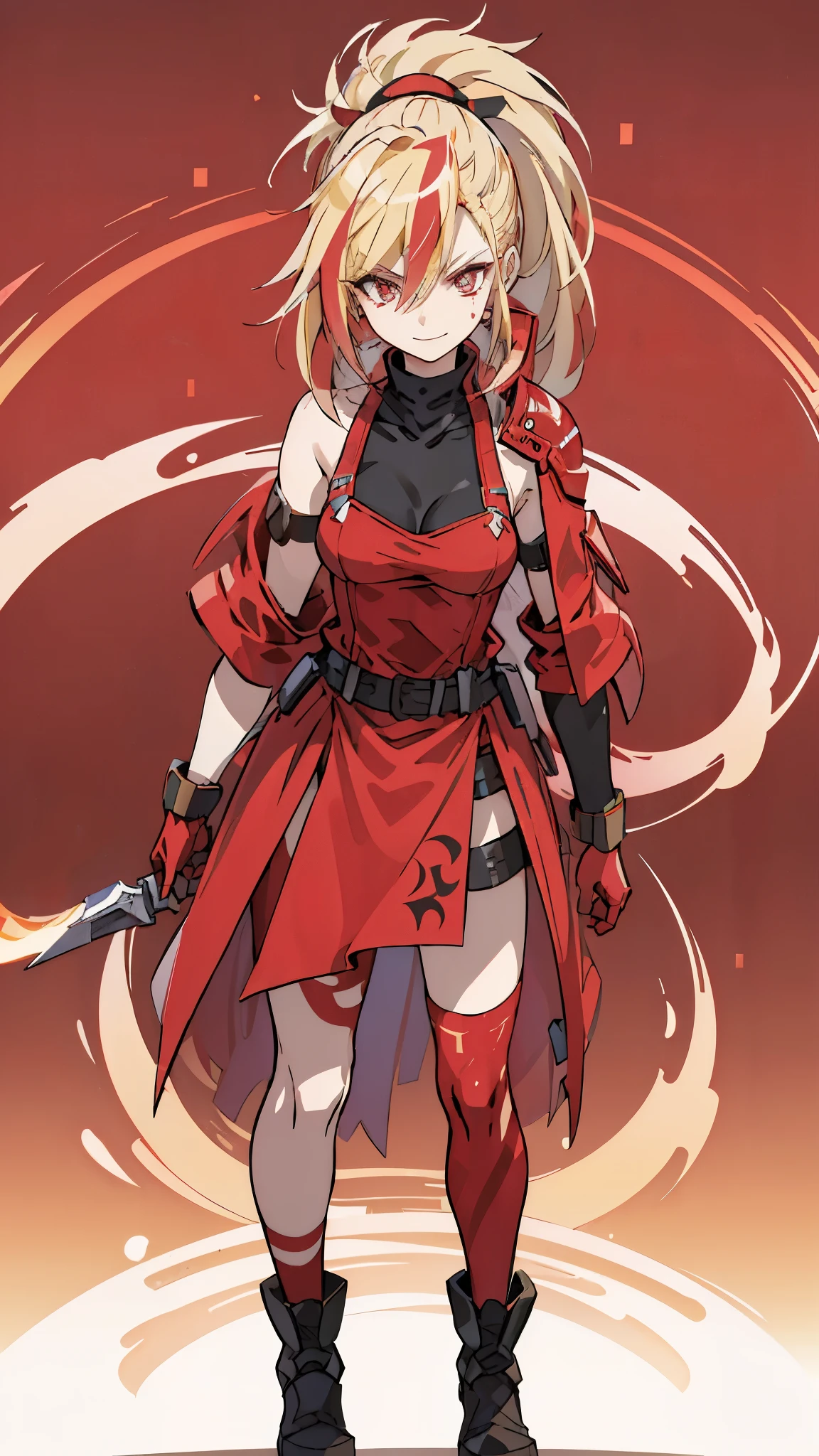 (masterpiece, best quality:1.2), red glowing eyes, red eyes, the eyes are red, perfect face, strong make up, highres, 1 girl, ultra long ponytail, (female:1.5), strife, blonde hair streaked with lots of red highlights, two colors hair (blond and red), hight flame mistress outfit, shoulder armor, sleeveless turtleneck, suspenders, belt, gloves, bracer pre potent smile , relaxed arms , evil smile, evil pose, standing, portrait, looking at viewer,  Her hair is streaked with lots red and blonde highlights, moon tribal tattoo, full body overview, full body view