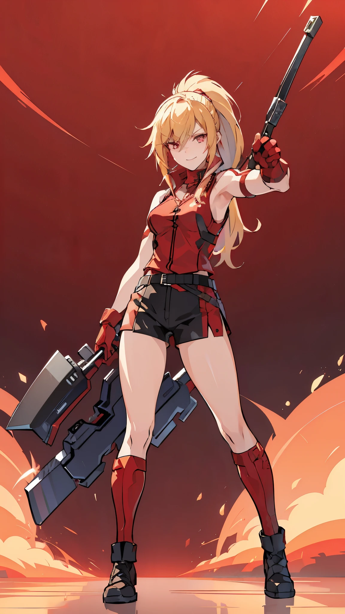 (masterpiece, best quality:1.2), red glowing eyes, red eyes, the eyes are red, perfect face, strong make up, highres, 1 girl, ultra long ponytail, (female:1.5), strife, blonde hair streaked with lots of red highlights, two colors hair (blond and red), hight flame mistress outfit, shoulder armor, sleeveless turtleneck, suspenders, belt, gloves, bracer pre potent smile , relaxed arms , evil smile, evil pose, standing, portrait, looking at viewer,  Her hair is streaked with lots red and blonde highlights, moon tribal tattoo, full body overview, full body view