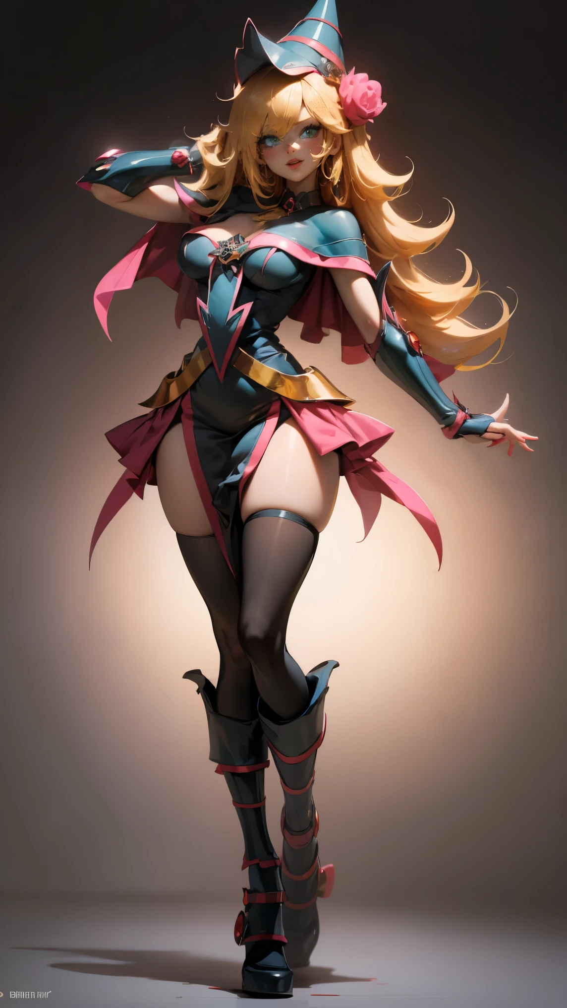dark magician girl, Super detailed, Very detailed, masterpiece, 最high quality, 最high quality, Absurd, High resolution, Black Magician Girl, (One girl:1.2), alone, Detailed face, Dynamic pose, Hair flow, (whole body:1.1), Blonde, Long Hair, View your viewers, Green Eyes, Skin Dentition, Detailed skin, Skin pores, (Shiny skin, Shiny skin:1.1), Rosy skin detail, chest, Manicure, skirt, Blue footwear, Blue hat, Wizard's Hat, Cane, I have a hat, (Blue panties:0.9), (Summoning array:1.1),, masterpiece, Very detailed, A magnificent composition, high quality, 最high quality, 4K, (white background:1.5)