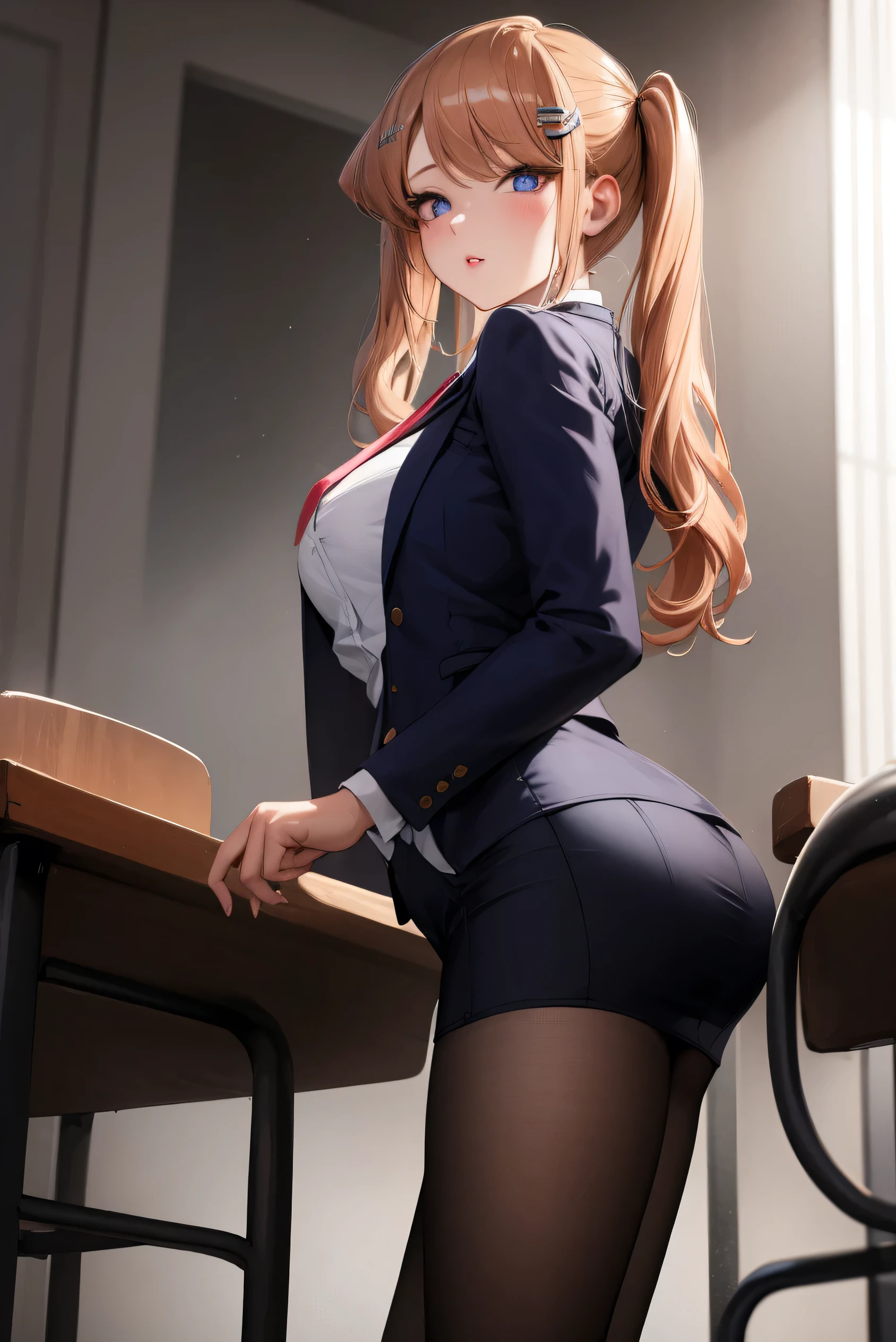 Komi Shouko, blonde hair, purple eyes, hair ornament, hairclip, long hair, swept bangs, twintails, wavy hair,
BREAK school uniform, shirt, skirt, jacket, necktie,
BREAK looking at viewer,from below,Transparent buttocks,Butt crack emphasis,facing back,Pose with one leg slightly bent forward,
BREAK indoors, classroom,
BREAK (masterpiece:1.2), best quality, high resolution, unity 8k wallpaper, (illustration:0.8), (beautiful detailed eyes:1.6), extremely detailed face, perfect lighting, extremely detailed CG, (perfect hands, perfect anatomy),